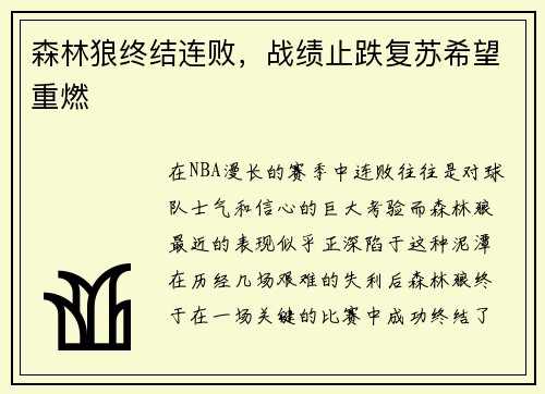 森林狼终结连败，战绩止跌复苏希望重燃